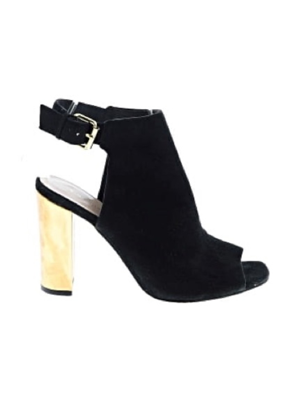 KATE SPADE Bates Black Suede Peep Toe Gold Heel Shoes 6.5